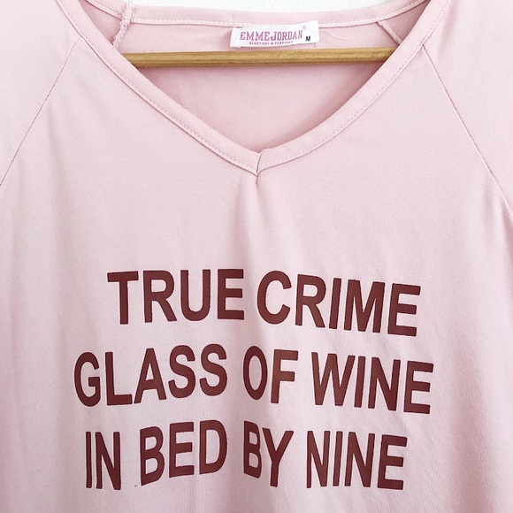 Pink True Crime Wine In Bed By Nine T-shirt - Picture 2 of 4